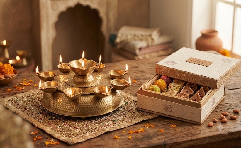 Hand-Hammered Brass Diya Set & Organic Sweets Box