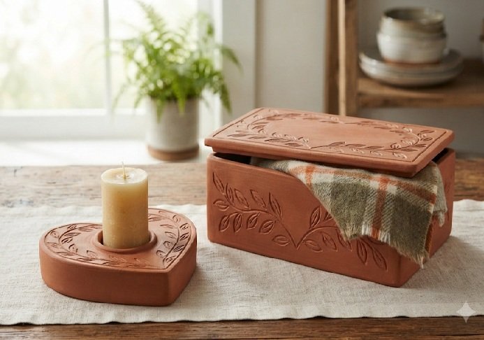Terracotta Heart Candle Holder & Scarf Box