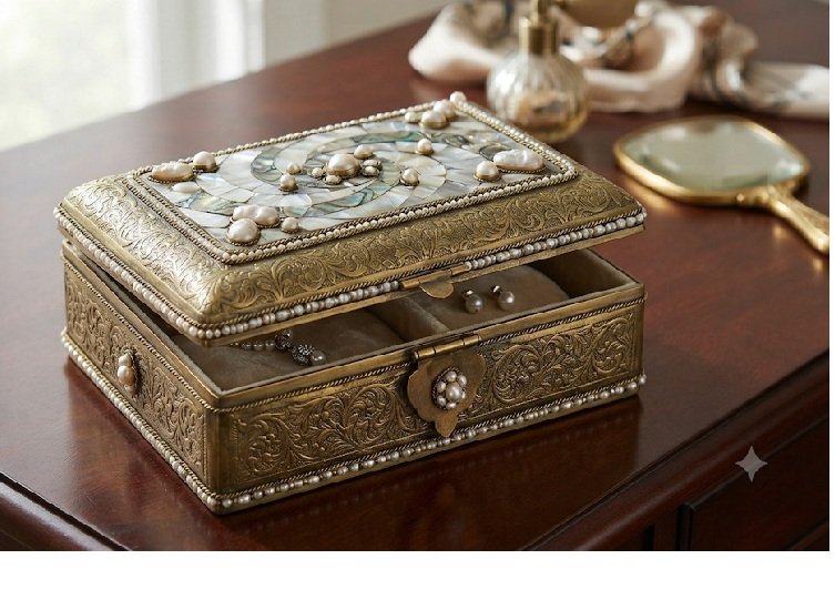 Brass & Pearl Jewelry Keepsake Box